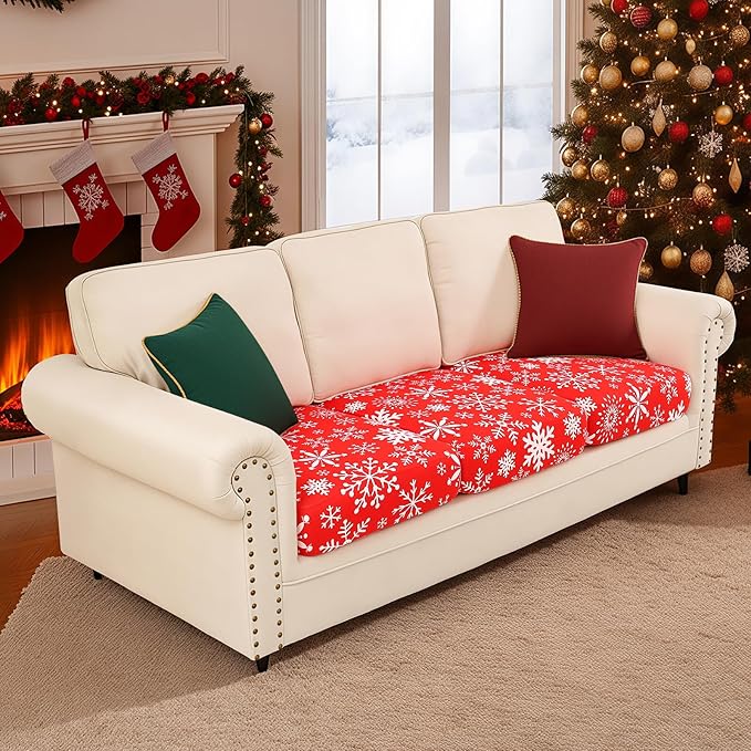 Smiry Printed Couch Cushion Covers, Stretch Soft Couch Covers for Sofa, Washable Non-Slip Sofa Slipcover Furniture Protector for Indoor and Outdoor (3 Pack, Red with White)