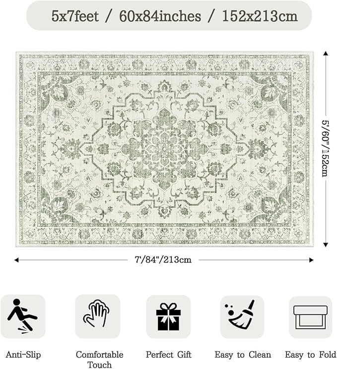 Madane 5x7 Area Rugs for Living Room, Vintage Stain Resistant Area Rug, Floral Print Rug Non-Slip Thin Washable Rugs for Bedroom Dining Room, Green/Ivory
