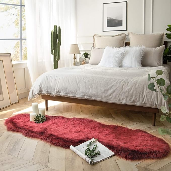 Ashler Faux Fur Rug, Deep Red Area Rugs, Fluffy Sheepskin Fur Rug, Fuzzy Ultra Soft 2 x 6 Ft Rugs, Machine Washable Shag Rug, Nursery Throw Rugs for Bed, Living Room