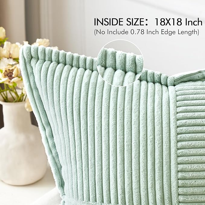 MIULEE Decorative Throw Pillow Covers for Couch Bed Livingroom 18x18 Inch Set of 2 Mint Green Boho Accent Throw Pllows Broadside Striped Patchwork Soft Corduroy Summer Pillowcases