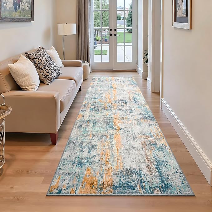 Runner Rug for Kitchen Hallways Runner Rug Non Slip 2'6''x8' Washable Blue Long Runner Rugs with Rubber Backing Soft Abstract Carpet Runner for Entryway, Kitchen, Bedroom, Bathroom