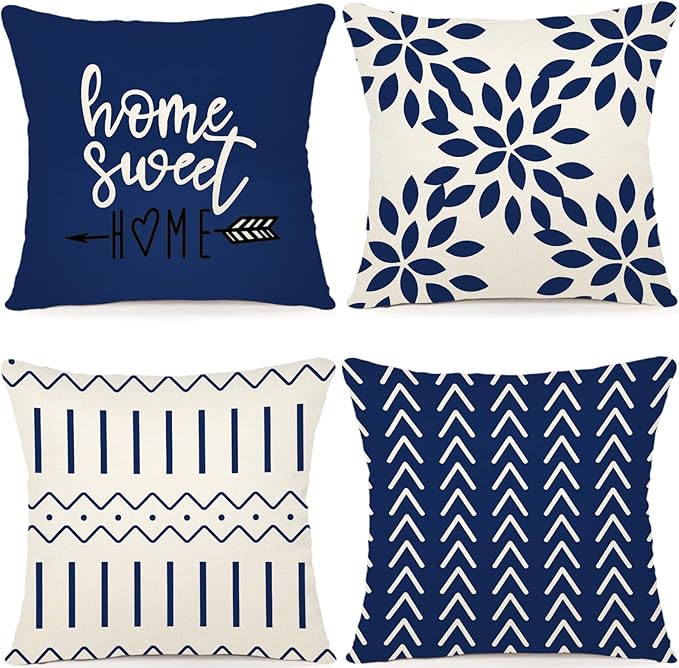 YCOLL Pillow Covers 12x20 Set of 4, Modern Sofa Throw Pillow Cover, Decorative Outdoor Linen Fabric Pillow Case for Chair Sofa Couch Bed Car, Dark Blue