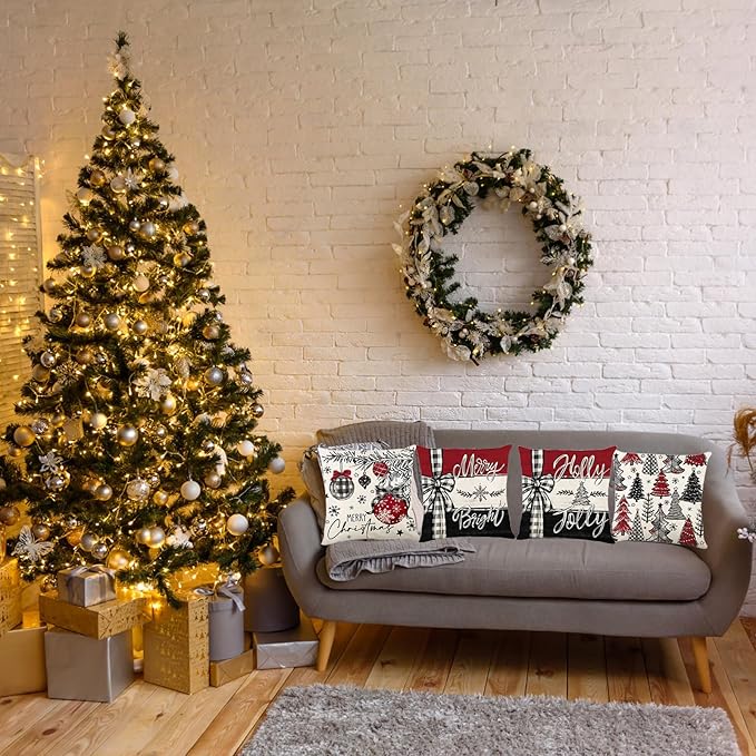 ONFAON Christmas Decorations - Merry Christmas Trees Red Throw Pillow Covers 18x18 Set of 4,Winter Holiday Decor Throw Cushion Case for Home Couch