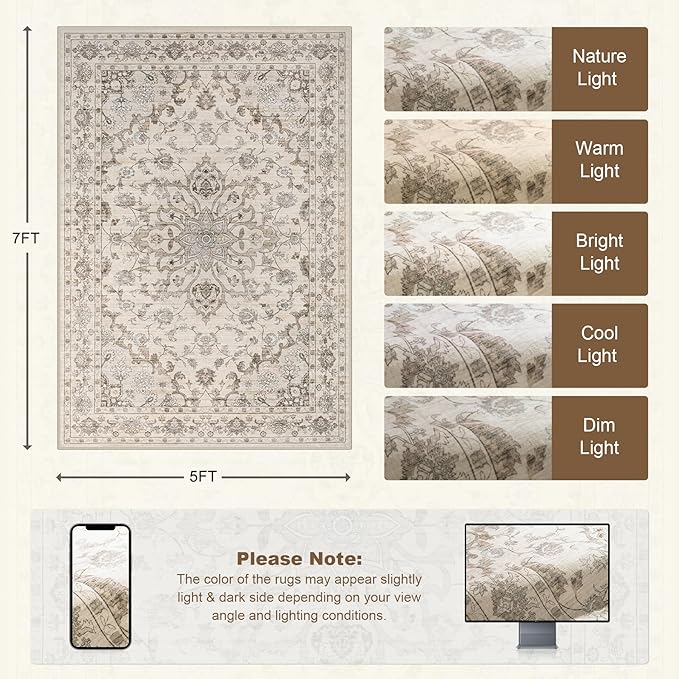 5x7 Area Rugs Living Room Rug: Washable Vintage Distressed Floral Rug No Slip Stain Resistant Soft Carpet Indoor Large Carpets for Bedroom Dining Room Farmhouse Nursery Hallway Home Office Brown Beige