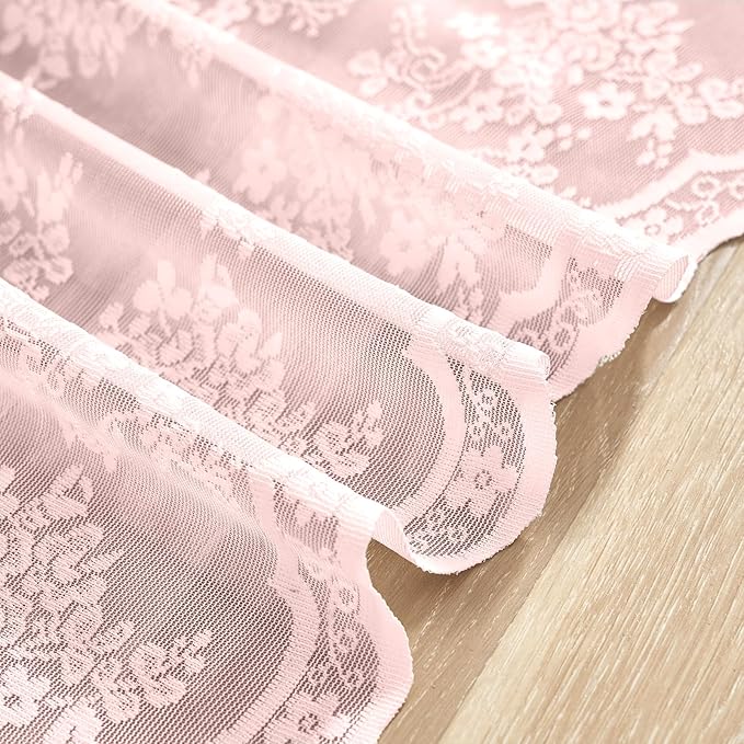 YJ YANJUN Vintage Lace Curtains 36 inch Length 2 Panels - Short Pink Sheer Curtains for Girls Room, Cute Flower Cafe Net with Scalloped Edges, Privacy Blinds Shade for Kitchen Living Room, W26 x L36