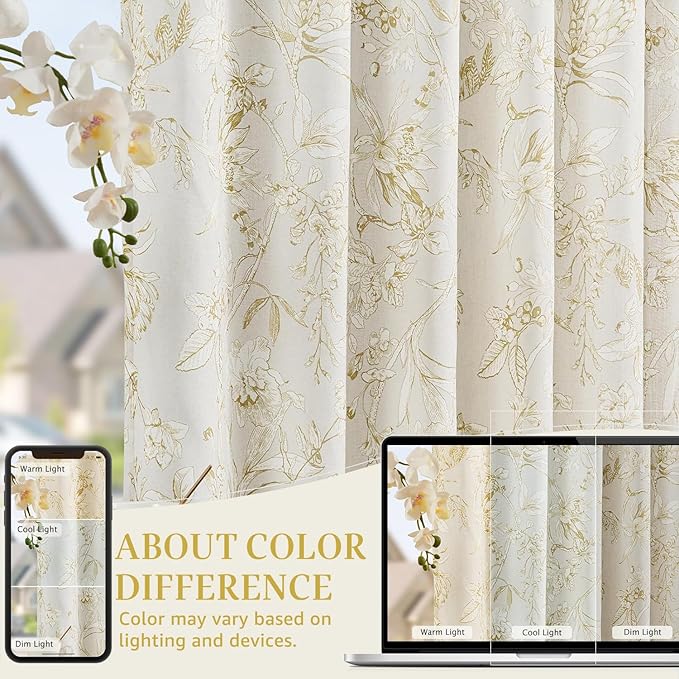 jinchan Floral Curtains 96 Inches Long Mustard Yellow Flower Linen Farmhouse Curtain for Living Room French Country Vintage Curtain Rod Pocket Curtains Set 2 Panels Floral Printed