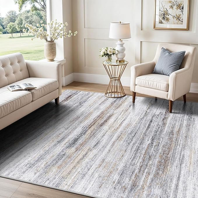 5x7 Area Rug for Living Room: Non-Slip Washable Rugs for Dining Room Bedroom Study Home Office - Easy-to-Clean Stain and Water Resistant Carpet - Soft Low-Pile Mat Beige Grey