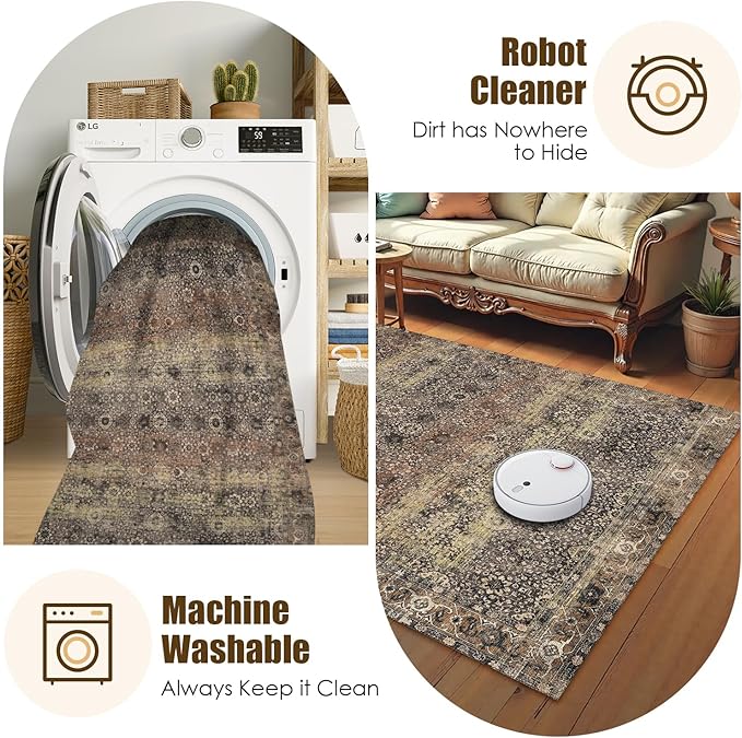 Washable Area Rug 4' x 6' Vintage Traditional Persian Mat - Foldable Distressed Non-Slip Machine Washable Carpet for Living Room Bedroom Kitchen Home Decor - Umber and Slate
