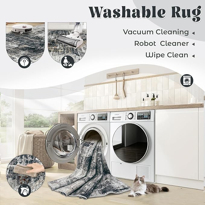 10x14 Area Rugs for Living Room, Washable Modern Abstract Large Area Rug Neutral Soft Non Slip Kids Rug Stain Resistant Indoor Carpet for Bedroom Dining Room Playroom Office(BlackGrey, 10'x14')