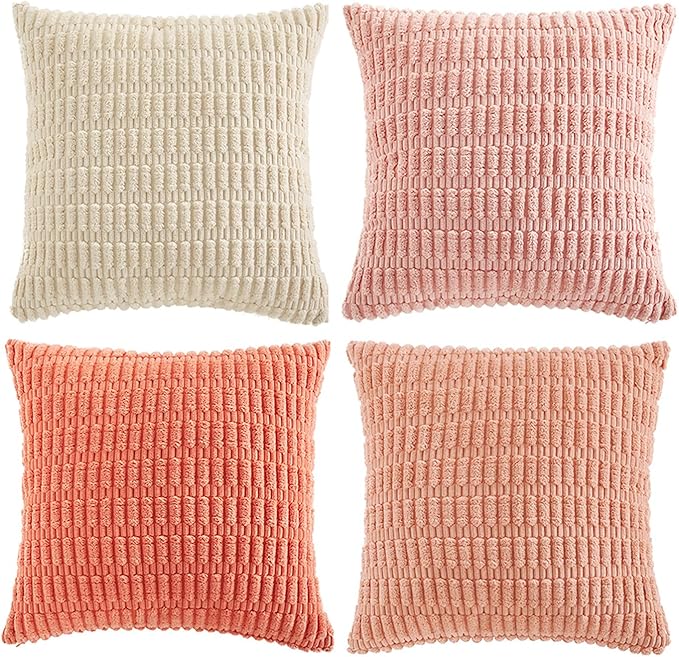 Fancy Homi 4 Packs Boho Blush Pink Big Decorative Throw Pillow Covers 24x24 Inch for Living Room Couch, Soft Plush Striped Corduroy Square Light Pink Coral Peach Cream Colorful Cushion Case 60x60 cm