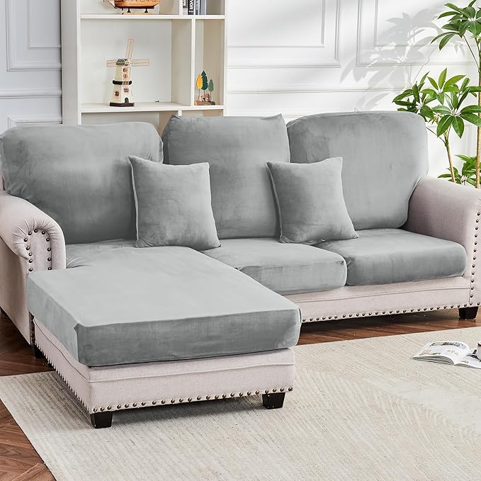 Couch Cover 6-Piece Elastic Velvet Couch Cushion Covers & Chaise Slipcovers for L-Shaped Sofas - Sofa Seat Covers Washable, Soft Protector for Couches (5 Seater + Chaise, Light Grey)