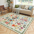 Rugflix 5x7 Washable Area Rug for Living Room, Soft Non Slip Low Pile Carpet, Floral Vintage Stain Resistant Rugs for Bedroom, Dining Room, Home Office, Beige Yellow