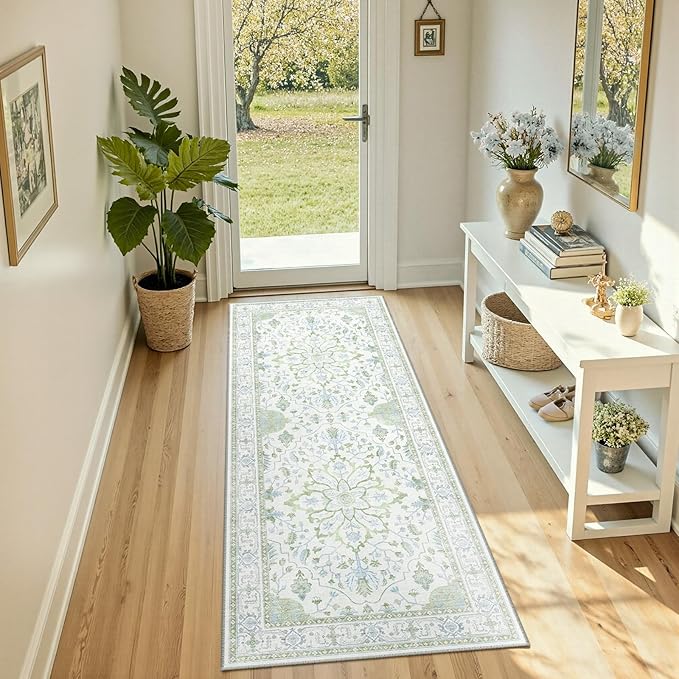 Area Rugs 2'x6' Runner Rug Non Slip Washable for Kitchen Hallway Bedroom Beside Laundry Room Bathroom Rug, Floor Carpet, Green White Blue