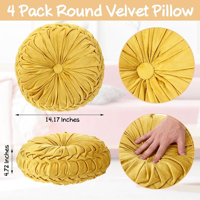 Kathfly Set of 4 Decorative Round Pleated Throw Pillows, Classy Velvet Pumpkin Round Throw Pillows, Decorative Floor Pillow for Bed Chair Home Sofa Decor, 14" Diameter (Easter Color)