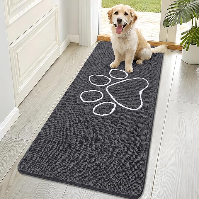 OLANLY Dog Door Mat for Muddy Paws 70x32, Paw Print Design, Absorbs Moisture and Dirt, Absorbent Non-Slip Washable Doormat, Quick Dry Chenille Mud Mat for Dogs, Entry Indoor Entryway Carpet, Dark Grey
