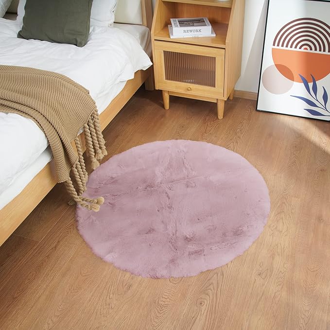 Ghouse Pink 3ft Faux Rabbit Fur Round Rug - Soft, Washable, No-Shedding Area Rug for Living Room, Bedroom Decor