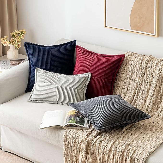 MIULEE Light Grey Corduroy Lumbar Pillow Covers 12x20 Inch 12x20 Inch with Splicing Set of 2 Soft Boho Pillow Covers Broadside Decorative Textured Pillowcases for Couch Bed Livingroom