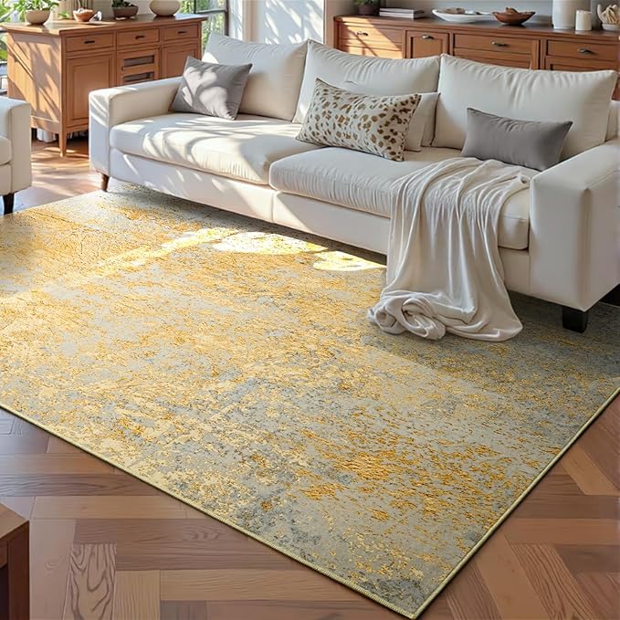 Living Room Rug 5'x7' Area Rug Washable Boho Carpet Non Slip Abstract Vintage Indoor Large Rugs for Bedroom, Classroom, College Dorm, Farmhouse, Dining Room, Kids Playroom (Orange, Silver & Gray)