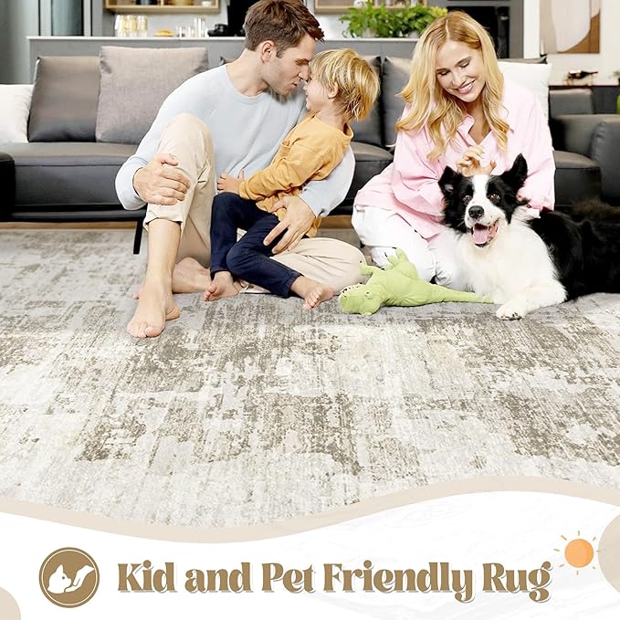 XLUEZ 6x9 Area Rugs for Living Room, Washable Modern Abstract Large Area Rug Neutral Soft Non Slip Kids Rug Stain Resistant Indoor Carpet for Bedroom Nursery Dining Room Playroom(BeigeBrown, 6'x9')