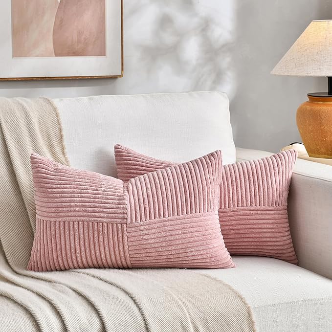 Fancy Homi 2 Packs Blush Pink Lumbar Decorative Throw Pillow Covers 14x22 Inch for Living Room Couch Bed, Rustic Farmhouse Boho Home Decor, Soft Striped Corduroy Rectangle Accent Cushion Case 35x55 cm