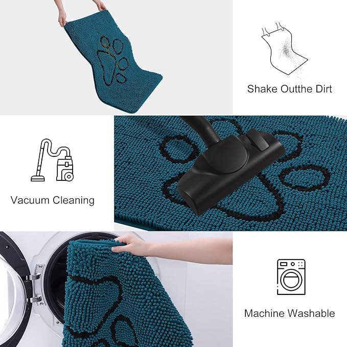 Smiry Dog Door Mat for Muddy Paws, Absorbent Dirt Trapper Non Slip Quick Dry Washable Chenille Mat for Mud Dogs, Entry Rug for Indoor and Outdoor (36x24 Inches, Atlantic Blue and Black)