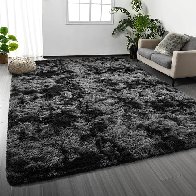 Deerhoo Large Shag Area Rugs 8 x 10, Tie-Dyed Plush Fuzzy Rugs for Living Room, Ultra Soft Fluffy Furry Rug for Bedroom, Indoor Carpet Nursery Rugs for Kids Room Home Decor, Dark Grey
