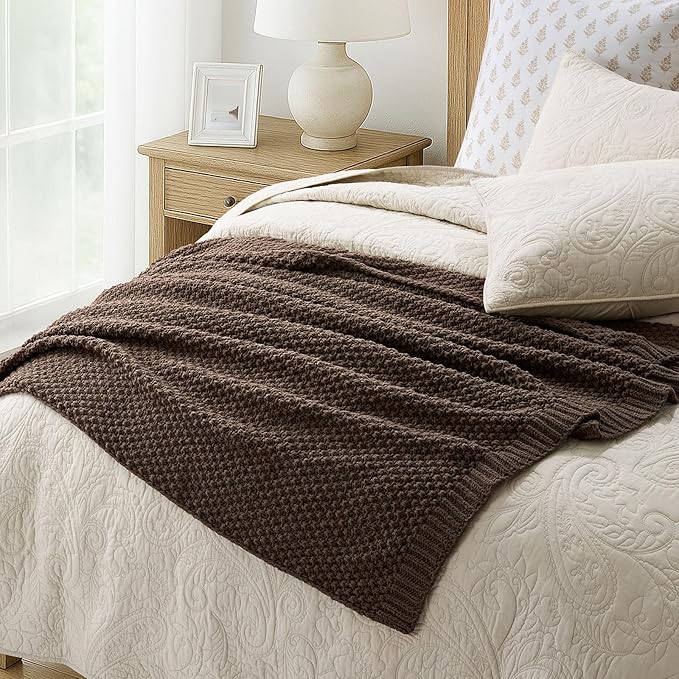 EVERGRACEHOME Chunky Chenille Knit Throw Blanket for Couch, Soft Luxurious Moss Stitch Blankets for Bed, Cozy Decorative Farmhouse Knitted Throws for Sofa, Cocoa Brown, 60" x 80"