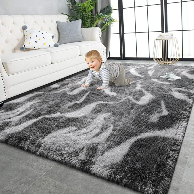 TWINNIS Super Soft Shaggy Rugs Fluffy Carpets, 5x8 Feet, Indoor Modern Plush Area Rugs for Living Room Bedroom Kids Room Nursery Home Decor, Upgrade Anti-Skid Rectangular Fuzzy Rug, Black Grey