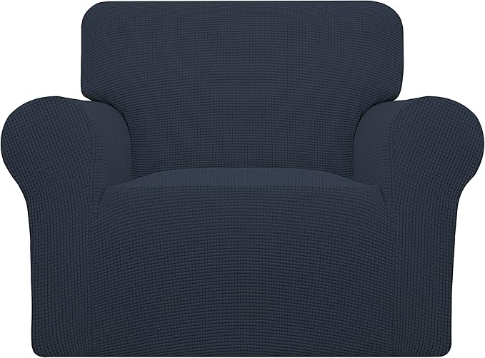 Easy-Going Stretch Chair Sofa Slipcover 1-Piece Couch Sofa Cover Furniture Protector Soft with Elastic Bottom for Kids, Pet. Spandex Jacquard Fabric Small Checks (Chair, Dark Blue)