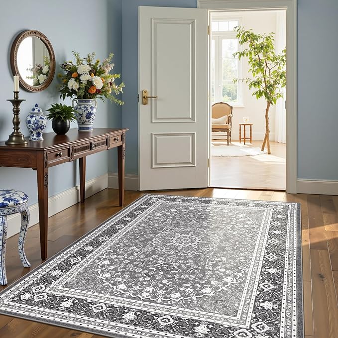 Lofus 5x7 Area Rugs for Living Room, Machine Washable Non-Slip Area Rug, Low Pile Large Rugs for Bedroom, Kitchen, Dining Room, Home Office, Vintage Oriental Print Rug, Light Grey with White