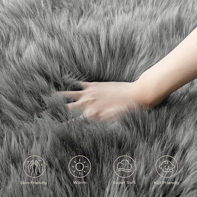 Ashler Faux Fur Rug, Fluffy Shaggy Area Rug Ultra Soft 2.3 x 3.3 Feet Sheepskin Fur Rug, Dark Grey Fuzzy Rug Machine Washable Shag Rug, Nursery Decor Throw Rugs for Bedroom, Kids Room, Living Room