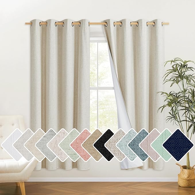 NICETOWN Natural Bedroom Full Blackout Linen Curtain Panels Set of 2, 52" by 72", Cold Reducing Thick Insulated Classic Grommet Blackout Draperies with White Thermal Insulated Liner for Windows