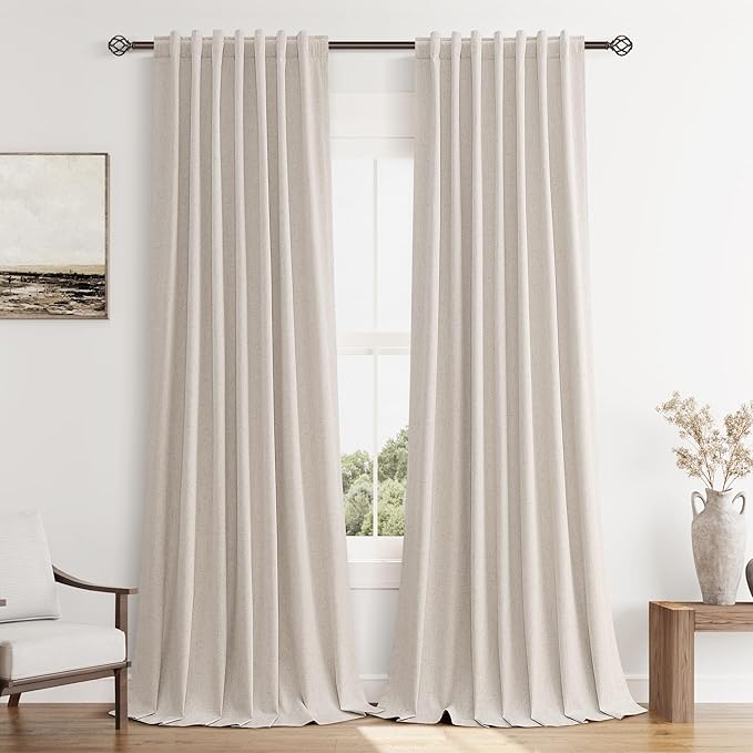Guken 100% Blackout Curtains 90 Inch Length 2 Panels Set for Living Room Bedroom Back Tab Thermal Insulated Black Out Linen Drapes Room Darkening Window Curtains 90 Inches Long, Sand Beige