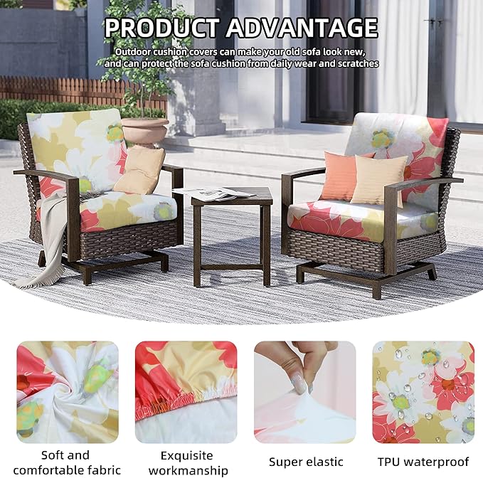 8Pcs Outdoor Cushion Covers, Patio Cushion Covers,Stretch Elastic Slipcovers, Replacement Washable & Reusable Furniture Protector for Patio Couch (Sakura-Pattern,Cover Only)