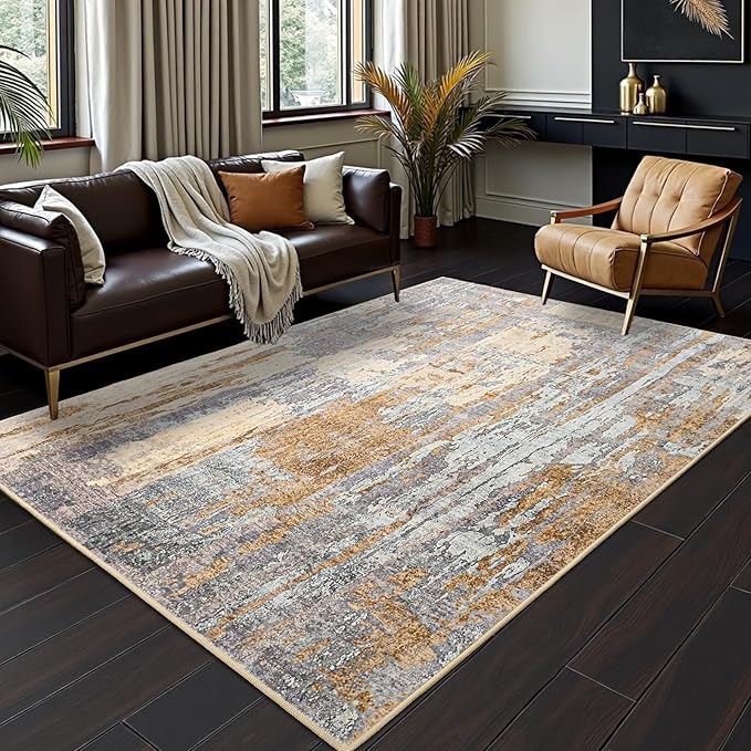 Toneed Abstract Area Rug Modern Washable Rug Soft Non Slip Rug Low Pile for Bedroom Living Room Dining Room Camel 4x6 Feet