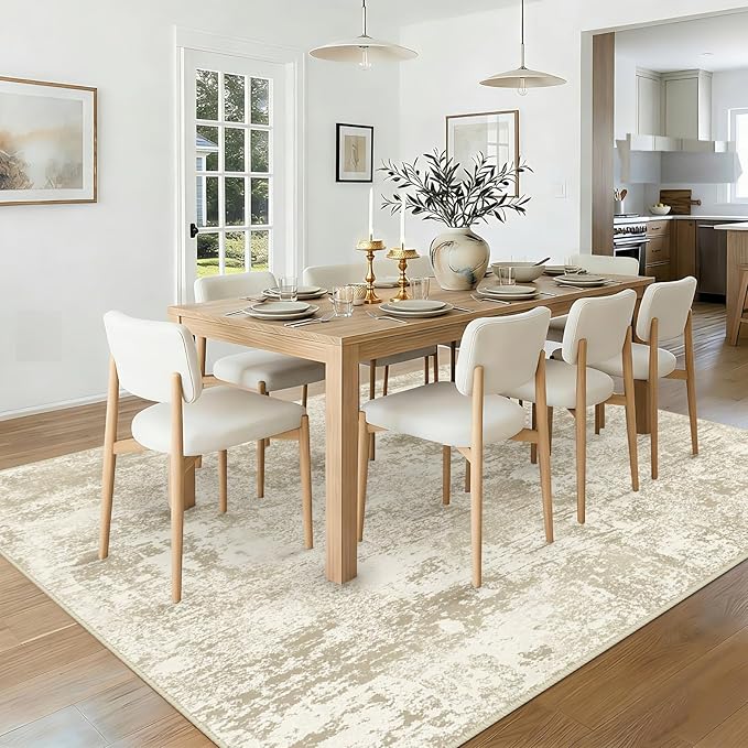 Washable Area Rugs 8'x10' Non-Slip Modern Abstract Soft for Living Room Entryway Bedroom Nursery, Print Pattern, Beige Cream Brown