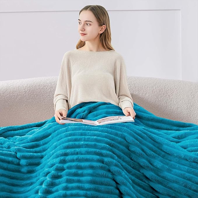 BEDELITE Twin Blanket for Couch & Bed, 300GSM Soft & Warm Fleece Blanket, Decorative and Giftable Striped Teal Blankets for Women, Men, 60"x80"