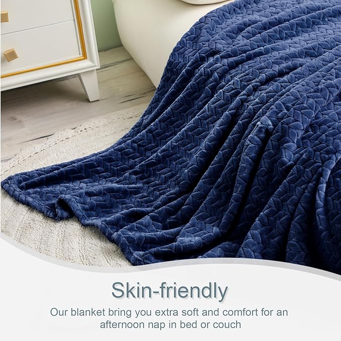 Exclusivo Mezcla Fleece Queen Size Blanket for Bed, 90x90 Inches Soft Cozy Jacquard Flannel Blankets, Lightweight Fuzzy Plush Warm for Women, Navy Blue
