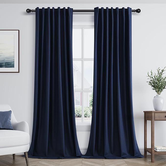 Guken Navy Blue 100% Blackout Linen Curtains 102 Inch Length 2 Panels Set for Living Room Bedroom Back Tab Thermal Insulated Black Out Linen Drapes Room Darkening Window Curtains,52x102