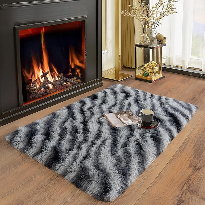 Soft Runner Rugs for Bedroom Hallways, 2x3 Black and White Fluffy Shag Throw Area Rug Non Slip for Bedside Dorm, Long Shaggy Furry Carpet for Nursery Living Room