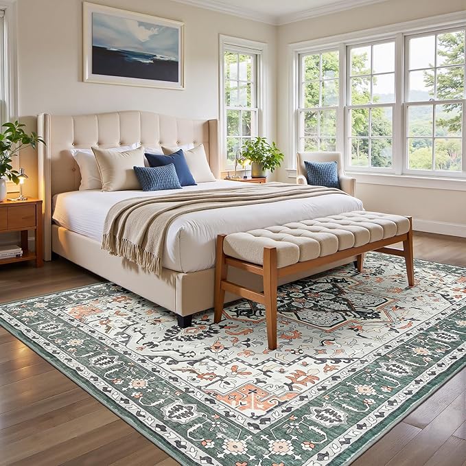Rugflix 8x10 Area Rugs for Living Room, Washable Rug, Soft Low Pile Carpet, Non-Slip, Stain Resistant, Vintage Area Rug, Sage Green Rug for Bedroom, Dining Room, Home Office