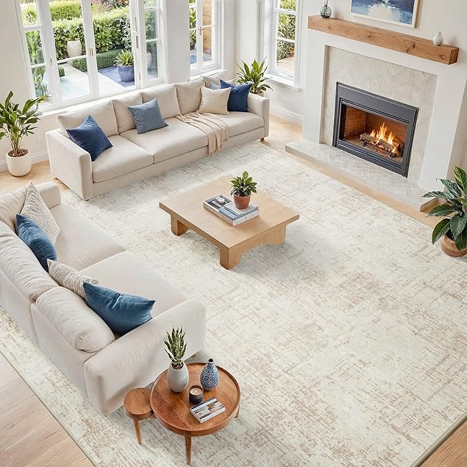 10x12 Area Rugs for Living Room Washable Rug: Anti-Skid Abstract Modern Living Room Rug Soft Thin Carpets Indoor Floor Non-Shedding Carpet for Bedroom Dining Farmhouse Nursery Beige White