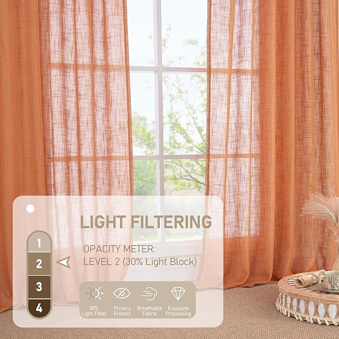 LAMIT 36 Inch Length Linen Curtains for Small Windows, Semi Sheer Light Filtering Panels Back Tab and Rod Pocket Country Decor Drapes for Basement/Kitchen, Burnt Orange, 2 Panels, 34 x 36 Inch