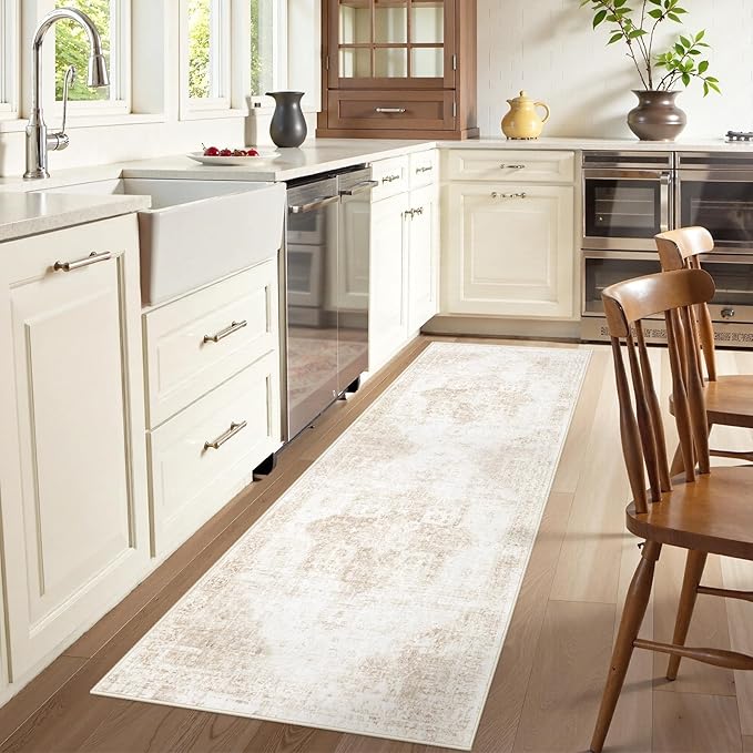 Runner Rug 2x6 Washable Rug, Vintage Boho Medallion Hallway Runner Non-Slip Soft Low Pile Distressed Floor Carpet Retro Doormat for Kitchen Bedroom Laundry Entryway Bathroom (Beige, 2'x6')