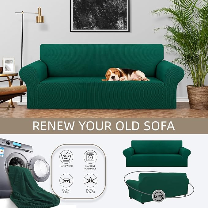 KEKUOU Stretch Sofa Cover Slipcover ，Couch Covers for 3 Cushion Couch Sofa pet Friendly (78"-94") Furniture Protector Sofa with Elastic Bottom for Kids,Dog, Jacquard Small Checked(Large,Hunter)