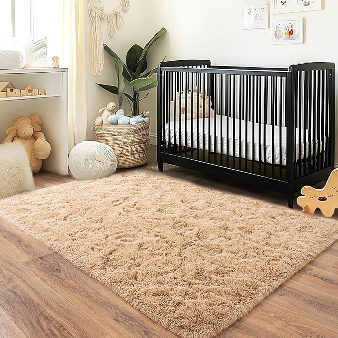 Pionblank Fluffy Area Rug for Bedroom 4x6 Feet, Indoor Plush Carpet, Shag Soft Bedside Rug, Cute Comfy Furry Rug for Living Room Dorm Girls Boys Room Nursery Decor, Camel