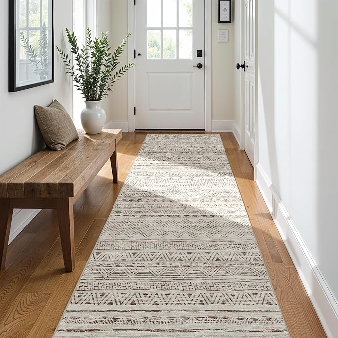 3x10 Washable Hallway Runner Rug - Moroccan Non-Slip Long Runners for Entryway Soft Modern Geometric Low-Pile Rugs for Kitchen Waterproof Neutral Carpet for Bedrooom Bathroom Laundry 3x10 Beige