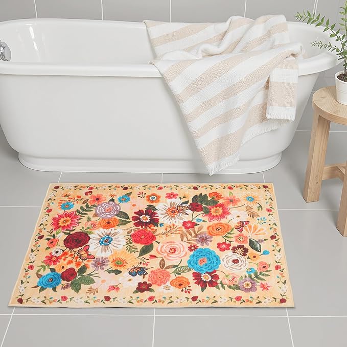 Area rugs 24x17 Inch Home Decor Entry Rug, Small Door Mat Bath Mats for Bathroom, Ultra-Thin Non Slip Floral Low Pile Tub Mat for Sink Shower Doorway Tub Kitchen Sink(2 x 1.4 ft, Yellow Garden)