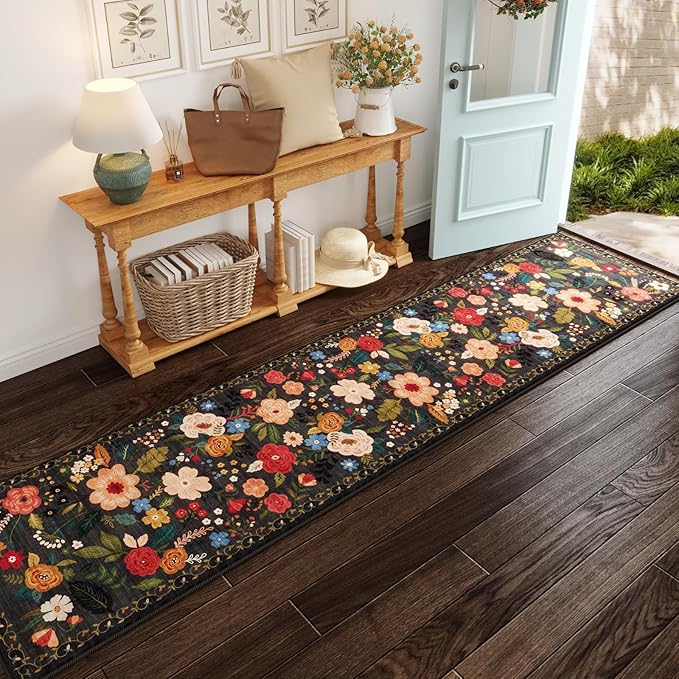 Rugcomf Runners for Hallways Kitchen Rug Non Slip 2'x 10' Long Washable Runner Rugs with Rubber Backing Soft Floral Carpet Runner for Hallways, Kitchen, Laundry, Bedroom, Bathroom(Black)