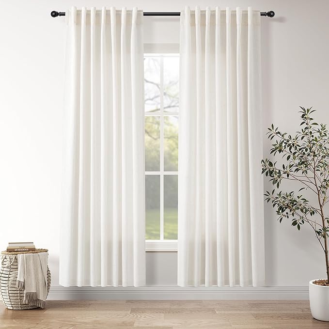 Nanspring Ivory White Curtains 80 Inches Length for Living Room Back Tab Rod Pocket Semi Sheer Linen Drapes Muted Neutral Boho Linen Window Curtain for Bedroom/Dining Room 52X80 Inches